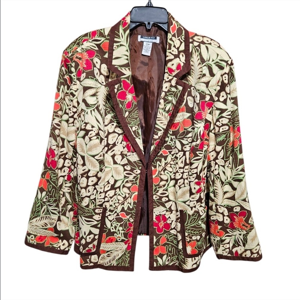 Leslie Fay Woman Floral Print Blazer Jacket Brown Red Green Women's Size 24W - Picture 2 of 10